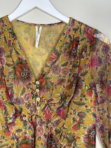 Anthropologie Blouse Womens XS Petite Yellow Floral Sheer Ruffle Button Boho Top - Picture 2 of 14