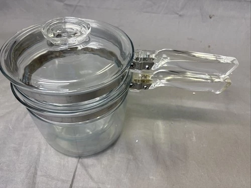 Vtg PYREX Glass Double Boiler 6283-L 6283-U 1 1/2 Quart QT + Lid Flameware