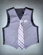Boys Dark Grey/lavender Pin Striped Formal Vest w/ Clip On Tie Size 5