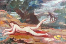 Colorful oil painting of woman in landscape by Harry Carmean 1995