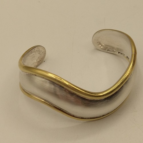 Sterling Silver 925 Mexico Laton TS-45 Wavy Cuff Bracelet Gold/Brass Accent - Picture 11 of 11
