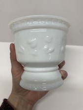 Vtg White Milk Glass Compote/Planter • Heart Ivy Detail • Blue Opaline Trim 4"H