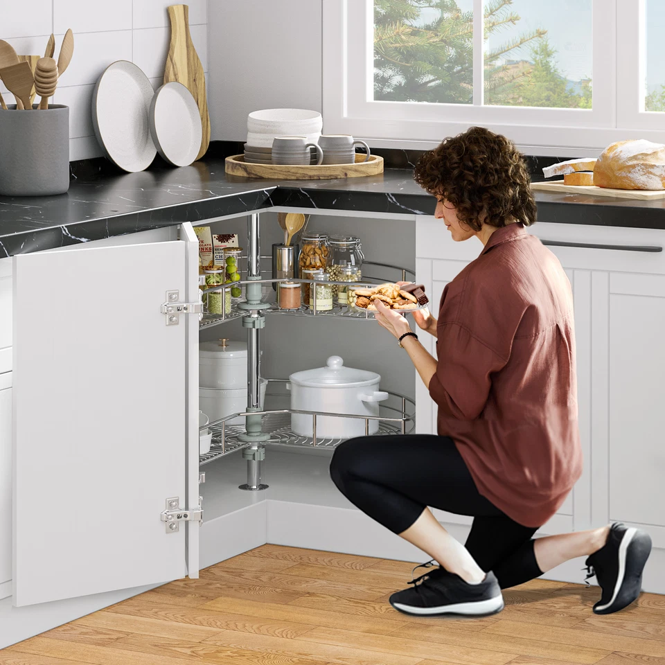 28-Inch Kidney Shaped Chrome Pie Cut 2-Shelf Lazy Susan Corner Organizer Silver - Image 3 of 4