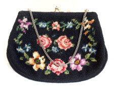 1950s Kisslock Handbag Floral Needlepoint Purse Wool Tapestry Cocktail Bag EUC