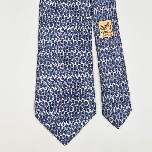 HERMES TIE 7958 EA Geometric on Blue Silk Necktie
