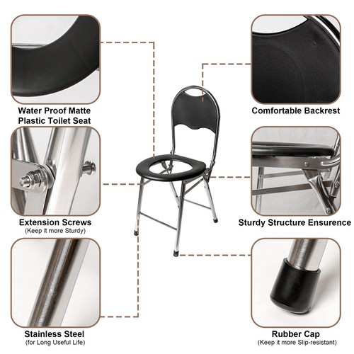 Black Portable Toilet Commode Chair Bedside Commodes Porta Potty with Backrest - Picture 4 of 8