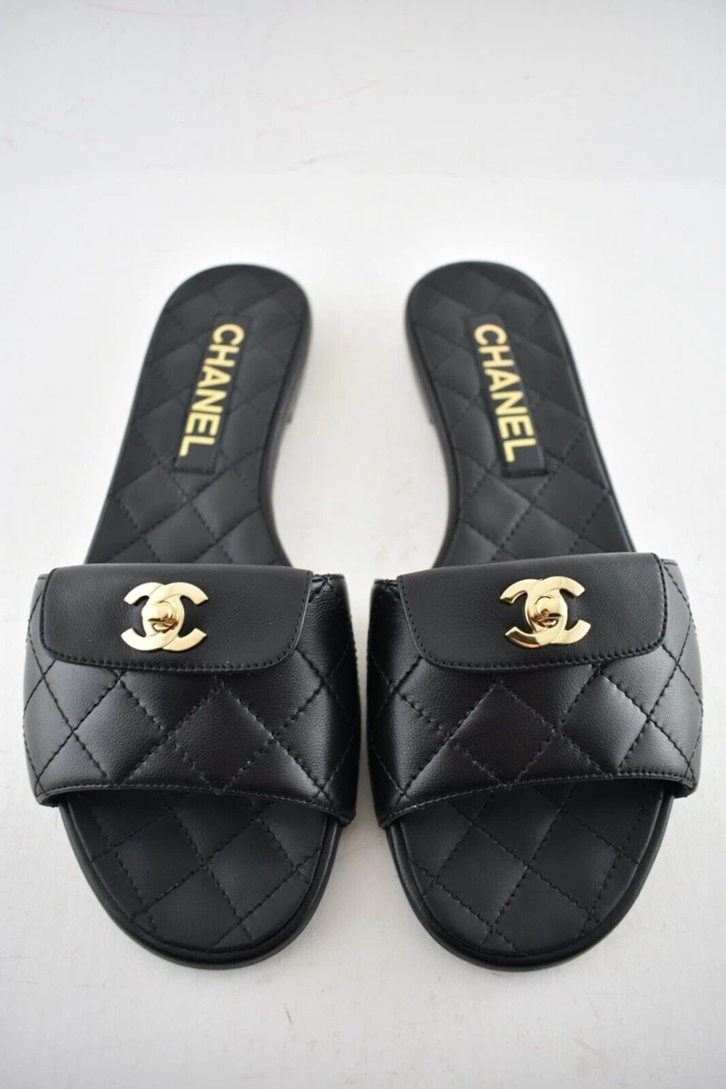 Chanel NIB Black Leather Quilted Gold CC Turnlock Logo Flats