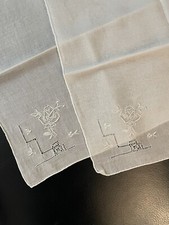 Vintage Pair Of Linen Hankies White On White Floral Embroidery Punchwork