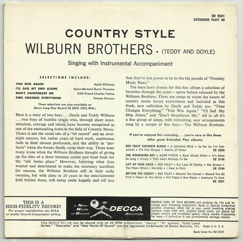 Country 45 EP WILBURN BROTHERS Country Style DECCA 2551 - Picture 2 of 3