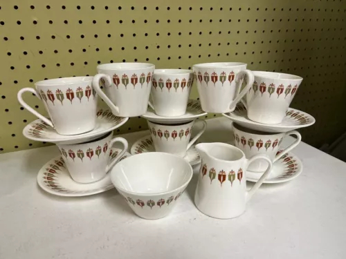 Syracuse China Syralite USA Made MCM Coffee Cups Saucers Creamer Sugar Set
