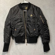 South Pole Cropped Y2k Bomber Jacket Women's L Black Shiny Gold Accents Zippers