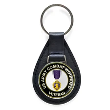 U.S. Army Combat Wounded Medal Veteran Black Leather Keychain Silver Keyring