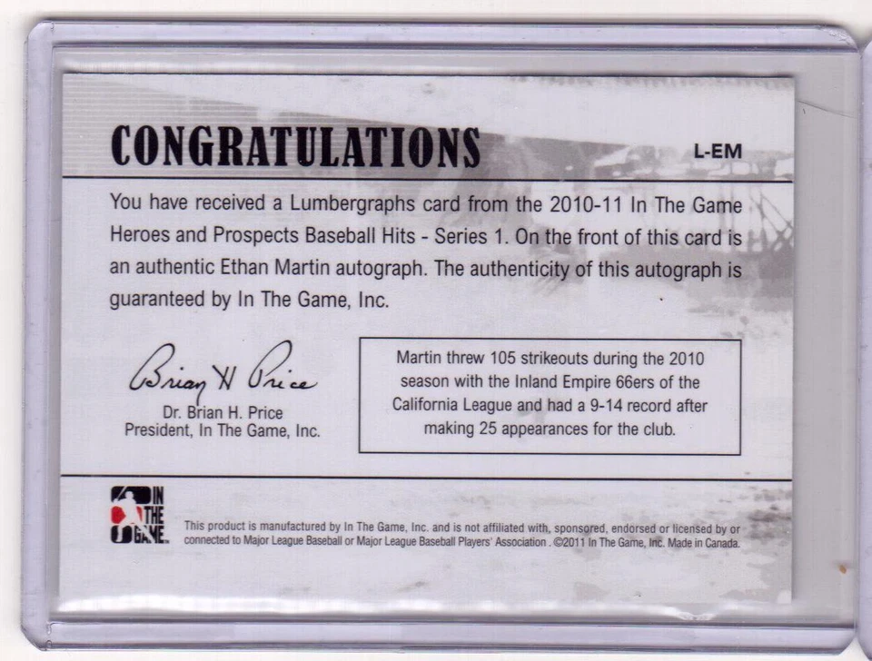 ETHAN MARTIN 2011 ITG LUMBERGRAPHS RC Auto Autograph Signed COA Card #L-EM - Image 2 of 2