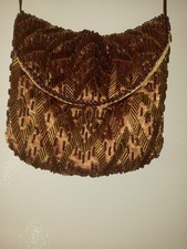 Hand Beaded Evening Shoulder Purse Bronze Colour Lined Vintage Spring Trend