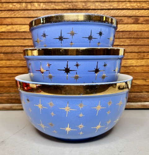 Vintage Hall Cadet Blue Gold Starburst Complete Bowl Set Of 3