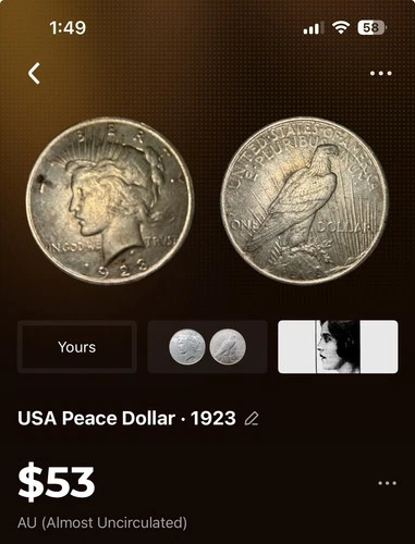 1923 US SILVER PEACE DOLLAR Coin AU (SnapCoin grade)