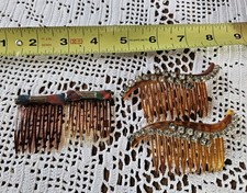 Lot 4 Vintage Plastic Tortoise Shell Hair Combs Rhinestones And Plaid