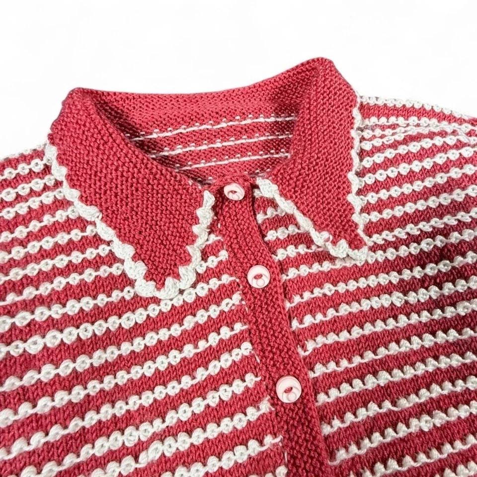 Винтажный ручной работы вязаный кардиган красный белая полоса с воротником качается Kitchy Twee девочка - Изображение 2 из 4