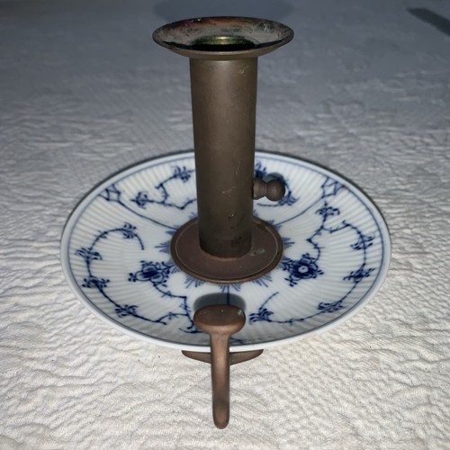 Royal Copenhagen Blue Fluted Candle Holder Brass Porcelain Chamber Stick Vintage - Picture 2 of 5