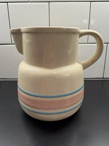 Vintage McCoy Pottery Stone Craft Pink Blue Stripe Band Pitcher
