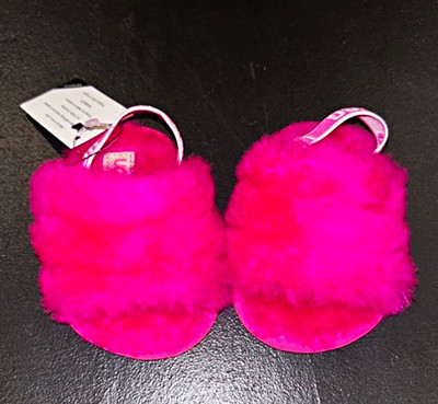 UGG Fluff Yeah Slide Pink Faux Fur Logo Strap Slippers US 3 UK 2 EU 34