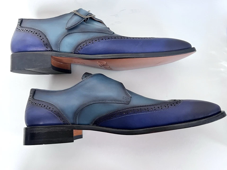 手工制作男式浣熊皮正装鞋僧侣带蓝色青绿色 12 码 US 45 欧元 — 第 3/4 张图片