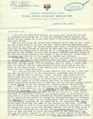1918 WWI YMCA Director American Expeditionary Forces Paris France Signed Letter