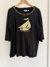 Quacker Factory Black Gold Metallic Nautical Boat Sailboats Tunic Top WrnOnce 1X
