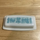 VTG Pyrex Amish Farm White Turquoise Butterprint Butter Dish White Milk Glass