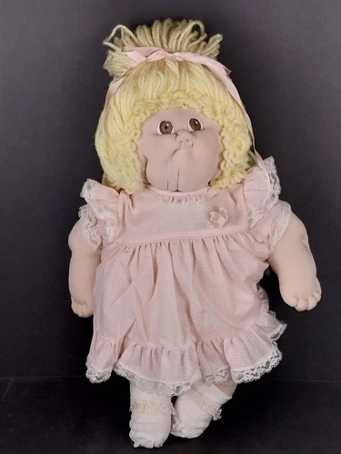 Vtg Handmade Soft Sculpture Girl Doll & Outfit Blonde Hair Cabbage Patch Style