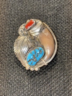 Vintage Handmade Navajo Turquoise & Coral Sterling Silver Bolo Tie Slide 17.7 g