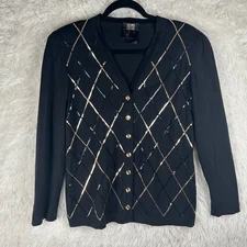 ESCADA Couture Size 36 Black Gold Sequin Button Wool Long Sleeve Cardigan *flaw*