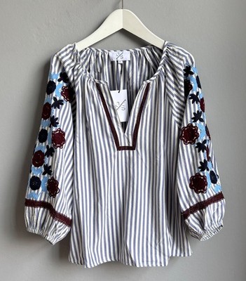 Bluse Damen Gr. S M L 36 38 40 Weiß Grau Hemdbluse Blumen bestickt Streifen