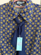 NEW Hawes & Curtis SEMI FITTED Pussy Bow Blouse Size 10 - Blue & Yellow Print