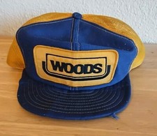 Vtg Woods Farm Patch Trucker Snapback Hat Blue Gold Mesh Cap Louisville Mfg USA