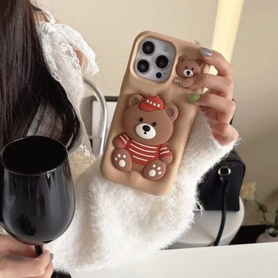 Cute 3D Teddy Bear Bracket Soft Case Cover For iPhone 16 Pro Max 15 14 13 Pro