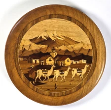 VTG Marquetry Wood Inlay Andes Mountain Village, Alpacas Bolivia Peru Andean 10"