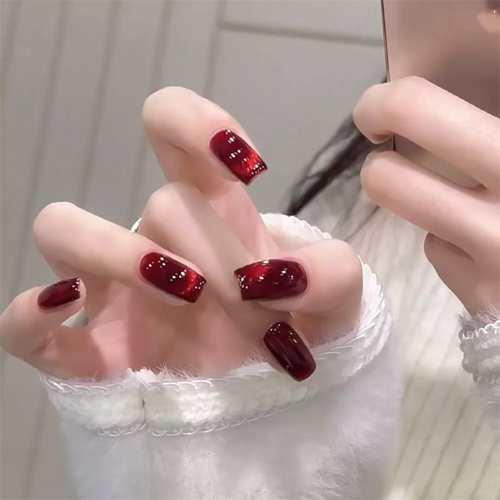 Christmas Red Cat Eye Fake Nail Medium Long Press on Nails for