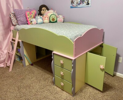Twin Loft bed, purple, ladder, dresser, storage, hideout, pink, green, mirror | eBay Twin Loft bed, purple, ladder, dresser, storage, hideout, pink, green, mirror | eBay