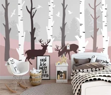 3D Forest Elk Cartoon Kids Self-adhesive Removeable Wallpaper Wall Mural
