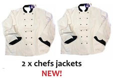 2 x white with black trim cotton chef jacket top long sleeve Mens ladies unisex