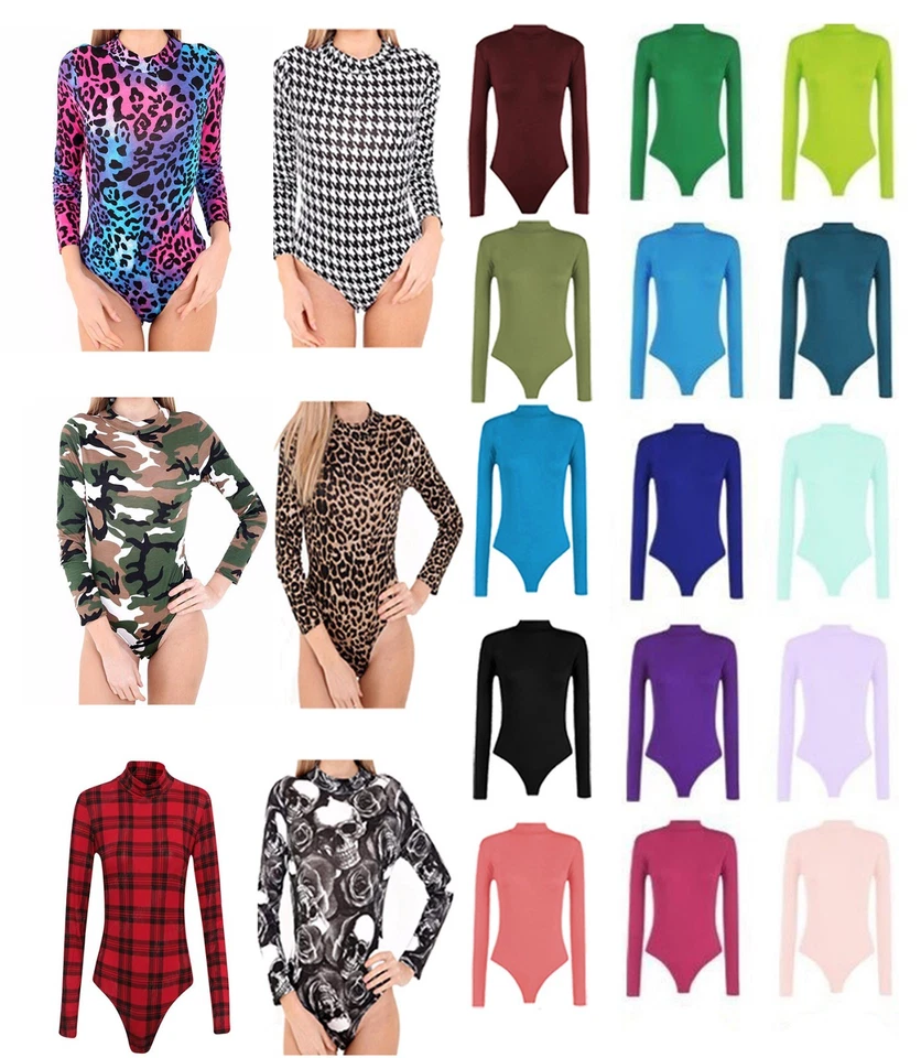 Womens Plain & Printed Long Sleeve Turtle Polo Neck Bodysuit Leotard Top UK 8-28