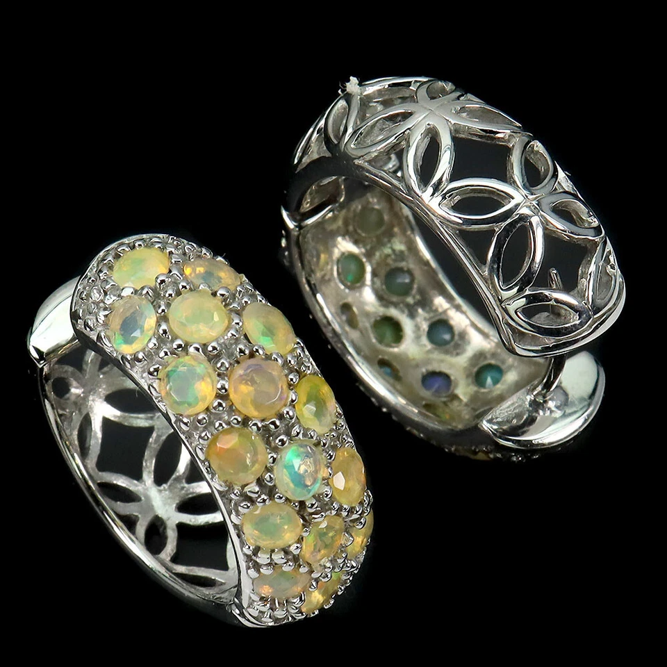 925 Orecchini Argento Sterling Rotondo Opale di Fuoco Naturale Gemma Gioielleria - Immagine 3 di 4