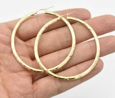 2 1/4" Diamond Cut Hoop Earrings Real 10K Yellow Gold