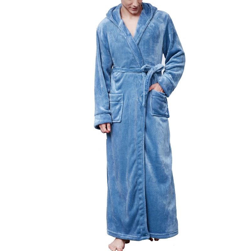 Mens Hooded Mens Sleepwear Mens Fleece Bath Robe Solid Color Fleece Fluffy Gown - Image 3 of 4