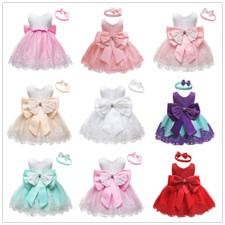 2PCS Baby Girls Lace Wedding Princess Bowknot Dress Hair Band Formal Party Dress