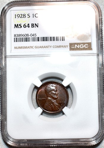 NGC MS-64 BN 1928-S Lincoln Cent, Sharply Struck, Glossy, Tough Date.