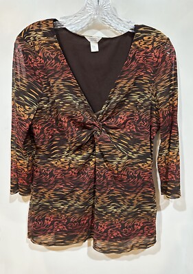 Christopher & Banks Brown w/Pinks & Oranges Design Twisted 3/4 Sl V-Neck Size XL