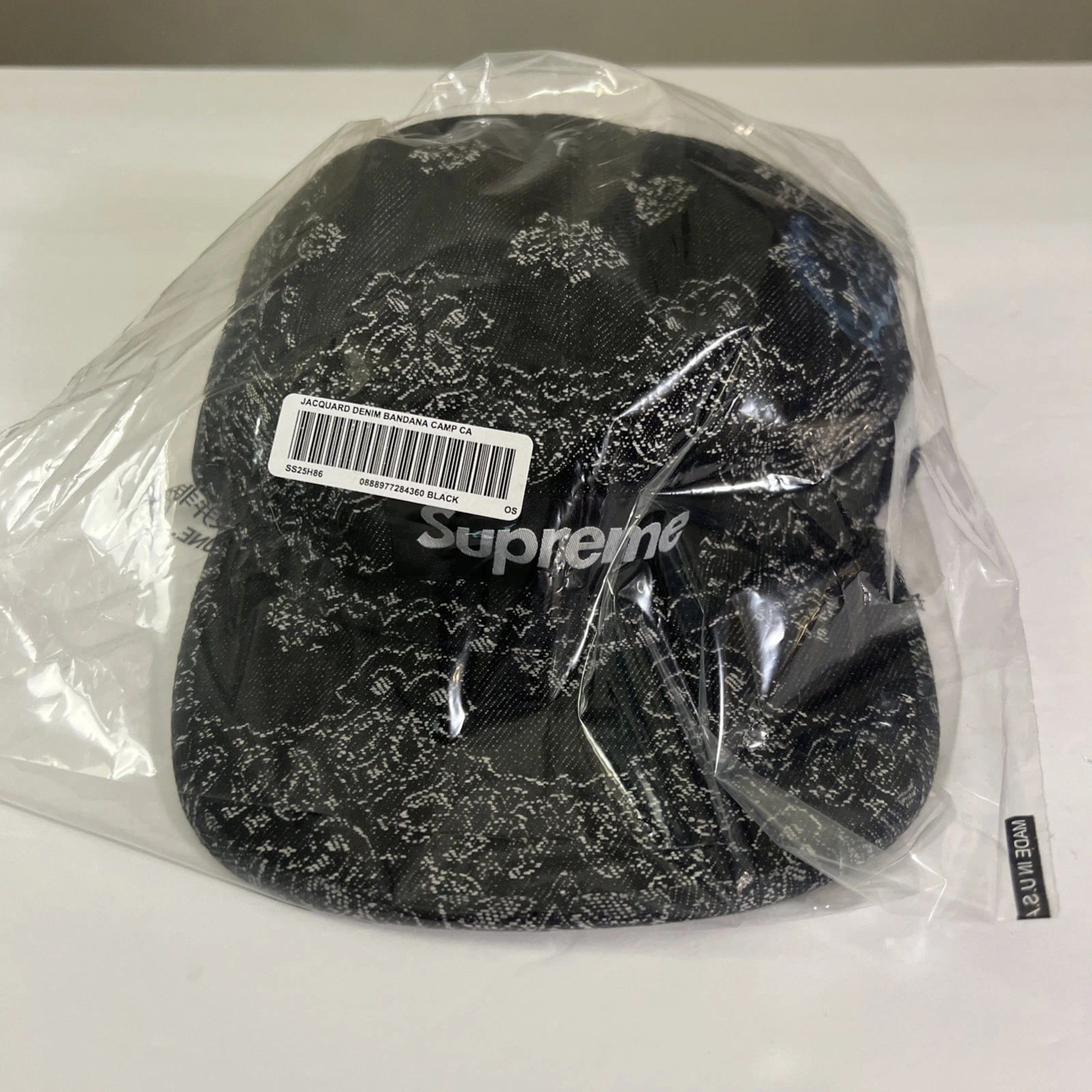 CASQUETTE DE CAMP EN DENIM JACQUARD BANDANA SUPRÊME OS NOIR (SS25 SEMAINE 7) (100 % AUTHENTIQUE)