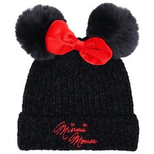 Disney Minnie Mouse Beanie Winter Hat Unisex Red Bow Puffy Pom Ear Cute Black